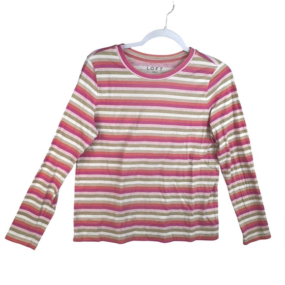 LOFT Tops - LOFT Womens Large Pink Tan Striped Long Sleeve Cotton Crew Neck T-Shirt L